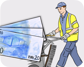 Illustration evoking pay, of a street-sweeper and of euro's banknotes